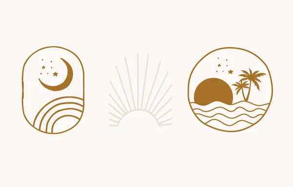 Colección Diseño Línea Con Sol Mar Onda Editable Ilustración Vectorial — Archivo Imágenes Vectoriales