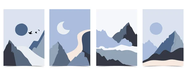 Collection Paysages Naturels Décor Avec Montagne Mer Soleil Lune Illustration — Image vectorielle