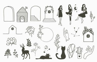 Geometrik, ev, gül, ay, yıldız, çiçek içeren okült güzellik koleksiyonu. Simge, etiket, yazdırılabilir ve dövme için vektör ilüstrasyonuName