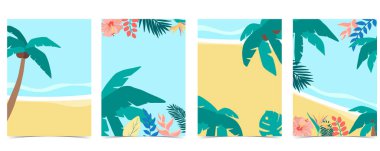 Palmiye, hindistan cevizi ağacı, deniz, plaj ile yaz arkaplan koleksiyonu. Davetiye, kartpostal ve web sitesi afişi için düzenlenebilir vektör ilüstrasyonuName