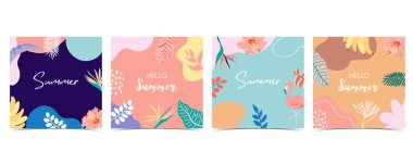 Palmiye, hindistan cevizi ağacı, deniz, plaj ile yaz arkaplan koleksiyonu. Davetiye, kartpostal ve web sitesi afişi için düzenlenebilir vektör ilüstrasyonu. Merhaba yaz