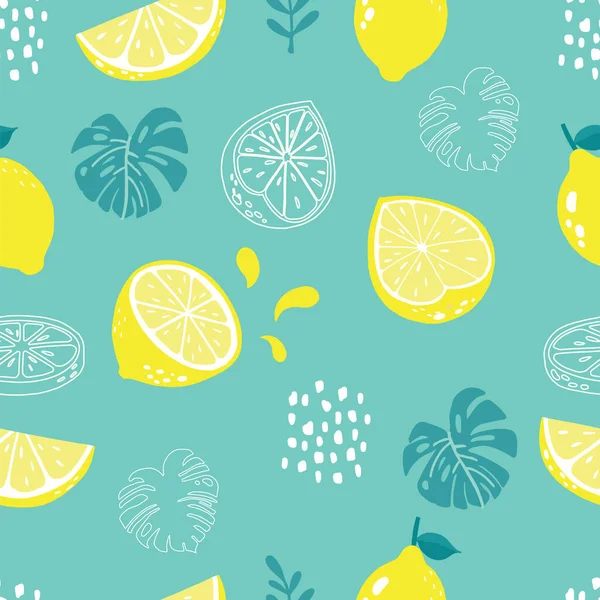 Motif Sans Couture Été Avec Citron Palme Sur Fond Vert — Image vectorielle