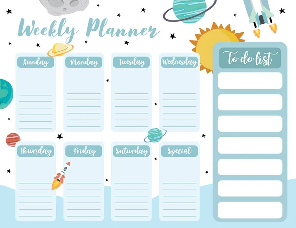 Weekly Planner Start Sunday Galaxy Space List Use Vertical Digital — Stock Vector