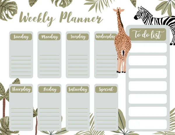 Weekly Planner Start Sunday Safari List Use Horizontal Digital Printable — Stock vektor