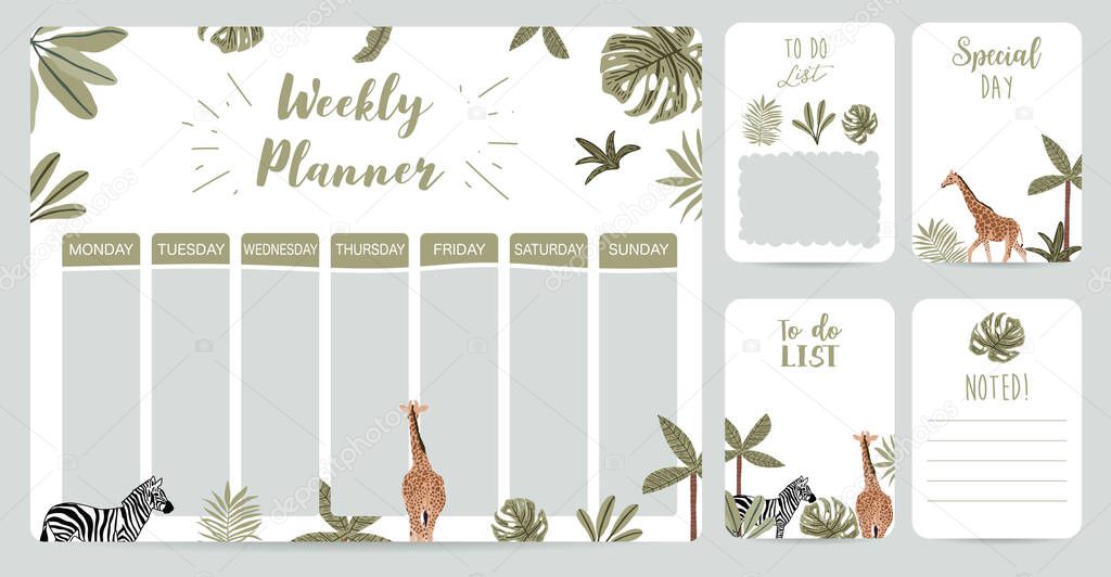 Weekly planner start on Sunday with safari,to do list that use for herizontal digital and printable A4 A5 size