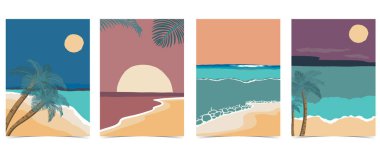 Geceleri güneş, deniz ve gökyüzü olan plaj kartpostalı.