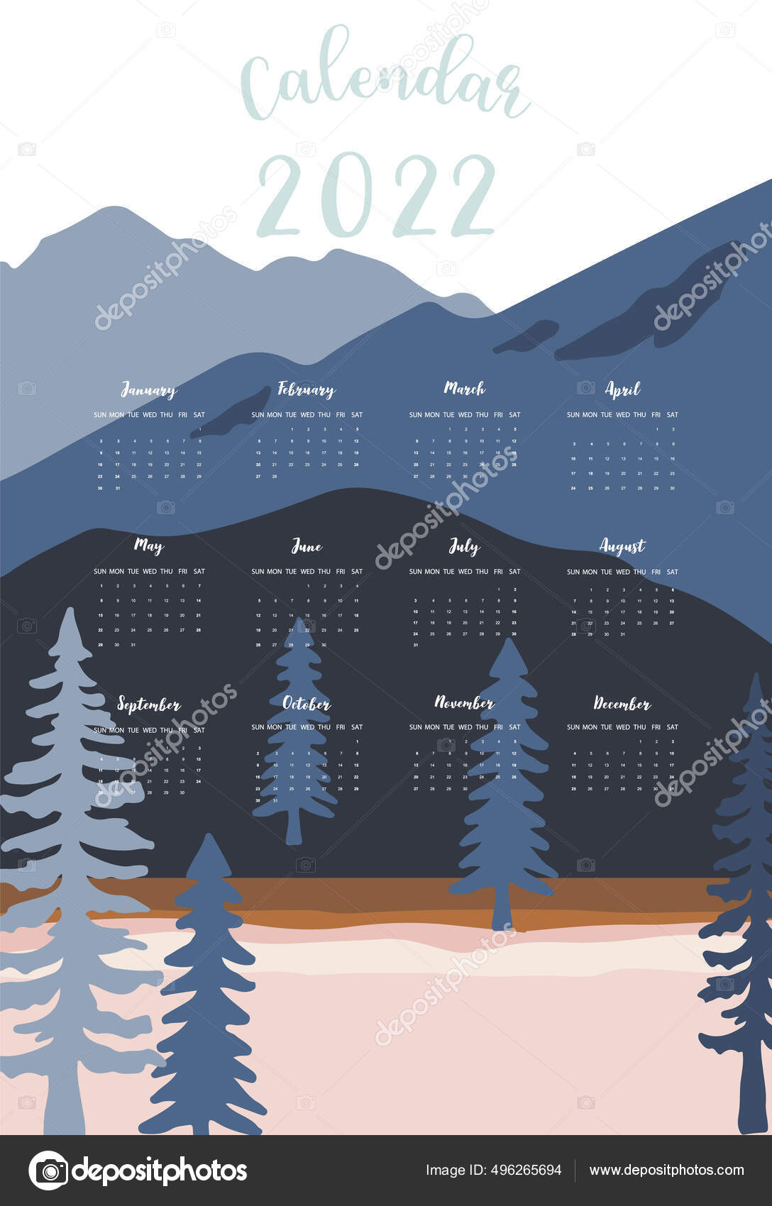 2022 Table Semaine Calendrier Commencer Dimanche Avec Montagne Paysage