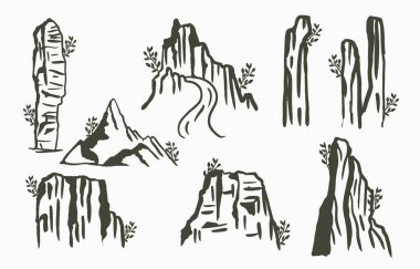 Dağlı, güneşli, ağaçlı, siyah çizgi doğal manzara