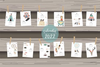 2022 masa takvimi haftası, Pazar günü dikey dijital ve yazdırılabilir A4 A5 boyutu için kullanılan boho tüyüyle başlar 
