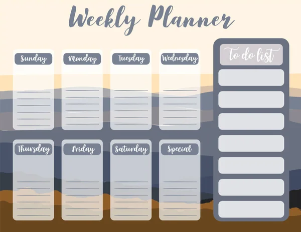 Planificador Semanal Comienza Domingo Con Montaña Sol Para Hacer Lista — Archivo Imágenes Vectoriales