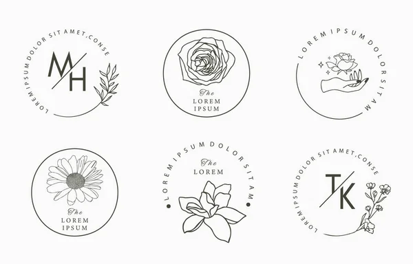 Ile Çizgi Nesne Koleksiyonu Manolya Gül Lavanta Yaprak Çiçek Ayçiçeği — Stok Vektör
