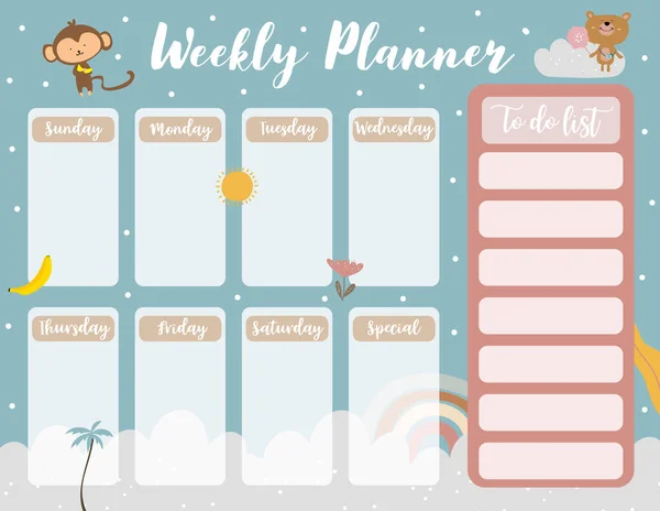 Weekly Planner Start Sunday Animal Sun List Use Vertical Digital — Stock Vector