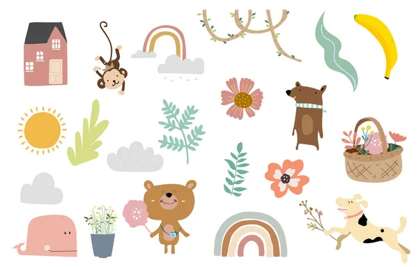 Objet Mignon Avec Animal Maison Fleur Pour Enfant — Image vectorielle