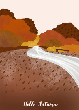 Sonbahar ormanı arka planında ağaç, yaprak, gökyüzü, yol