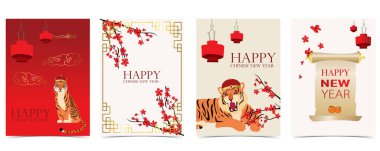 Üzerinde kaplan, çiçek ve ay olan altın rengi Çin Yeni Yıl kartı. Web sitesi, davetiye, kartpostal ve çıkartma için düzenlenebilir vektör illüstrasyonu.