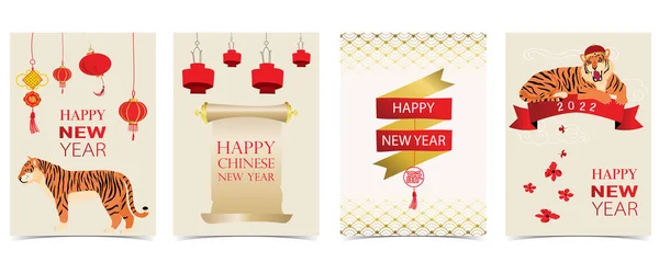 Zlatý Červený Čínský Nový Rok Karta Tygrem Květiny Lunar Editable — Stockový vektor