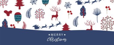 Ağaç, yağmur geyiği, çiçek ve yapraklı kış arkaplanı koleksiyonu. Yılbaşı davetiyesi, kartpostal ve web sitesi afişi için düzenlenebilir vektör illüstrasyonuName