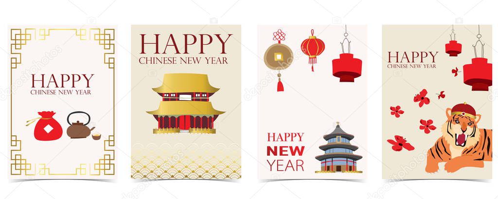 Gold red Chinese New Year card with tiger,flower,lunar.Editable vector illustration for website, invitation,postcard and sticker