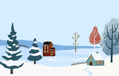 Winter blue banner with pine tree in forest for Merry Christmas and happy new year invitation card