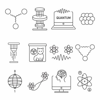 Çip, atom, dalga, internet, güvenlik içeren kuantum teknoloji simgesi