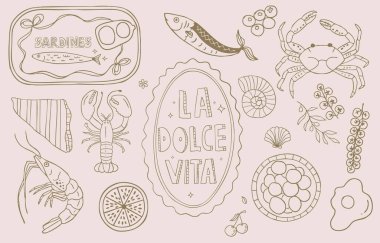 Klasik sardalya, tabakta ıstakoz, eski çizgi film vektör illüstrasyon tarzı yaz partisi tasarımı için meyve kasesi koleksiyonu.