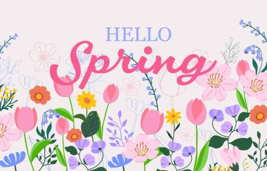 Merhaba Bahar. Yumuşak Pastel pembe laleli Çiçek İllüstrasyon Koleksiyonu, Sakura Botanik Tasarımları Yatay Banne