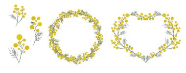 Sarı Mimosa Çiçek Çelengi ve Botanik Elementleri Kadınlar Günü ve düğün davetiyesi tasarımı için nesne