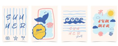 Mavi Pembe El çizilmiş Yaz Partisi Plaj Posteri Balina kuyruklu, tatil için el salla a4 dikey davetiye