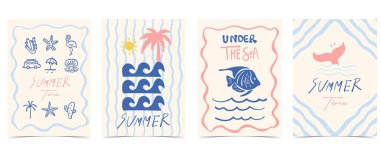 Mavi pembe el çizilmiş merhaba, deniz yıldızı, flamingo ve tatil için a4 dikey davetiye için kaktüs simgesi olan Summertime plaj posteri.