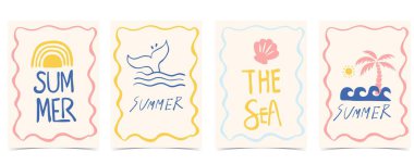 Merhaba yazlık plaj posteri. Balina kuyruğu, balık, kabuk, gökkuşağı. Tatil için a4 dikey davetiye.