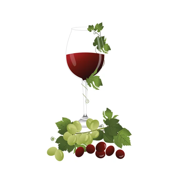 Rote und grüne Trauben mit einem Glas Wein — Stockvektor