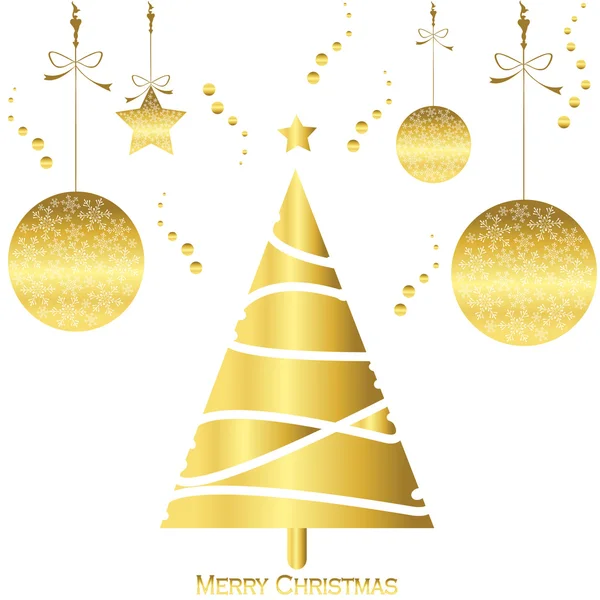 Cartão de árvore de natal de ouro claro com bola de floco de neve e estrela — Vetor de Stock