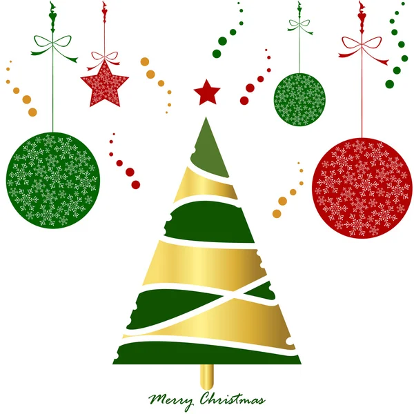 Light gold green red christmas tree card with snowflake ball and — Stock Vector