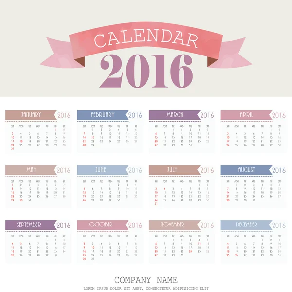 Luz rosa calendario azul en el nuevo año 2016 — Vector de stock