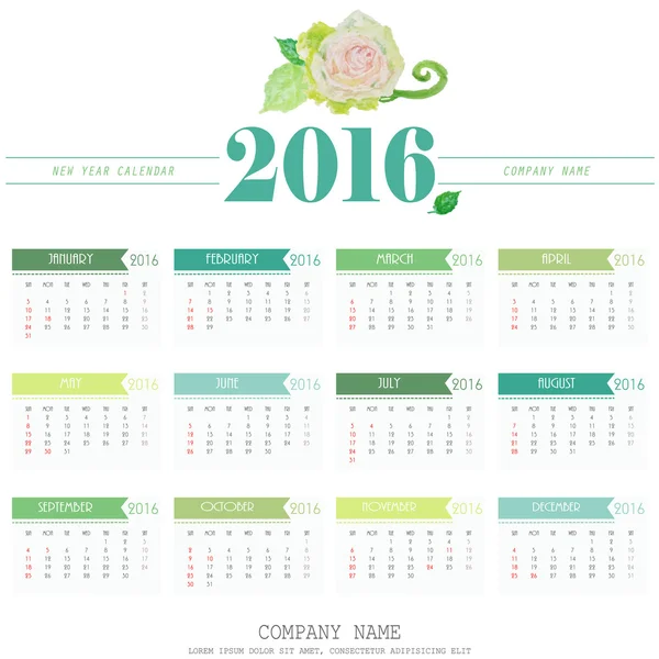 在新的一年 2016年光绿色玫瑰日历 — 图库矢量图片
