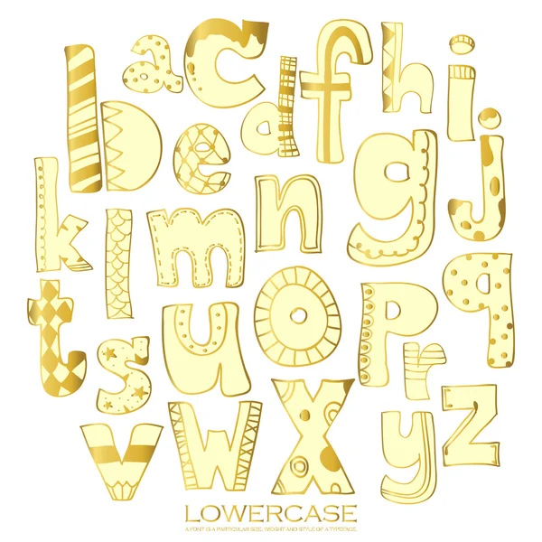 Luminoso ouro giz lápis alfabeto letras minúsculas. —  Vetores de Stock