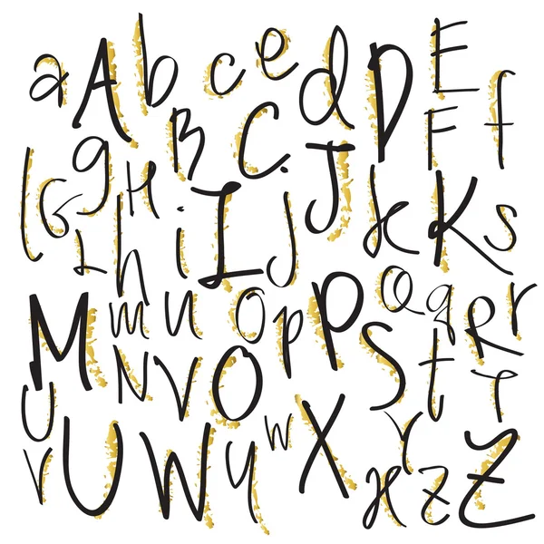 Letras del alfabeto del lápiz de tiza de oro negro. Dibujado a mano escrito — Vector de stock