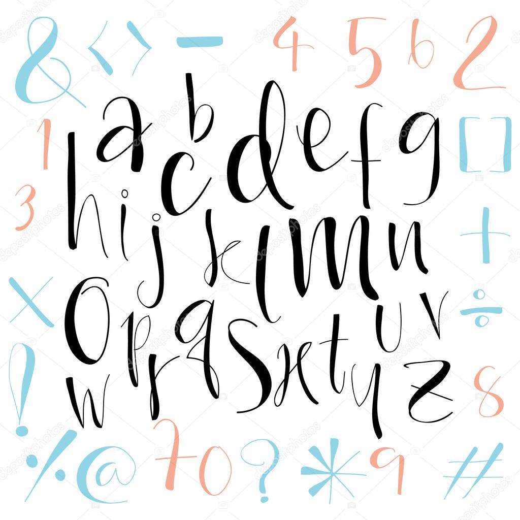 Black pink blue orange colorful ink alphabet letters.Hand drawn written
