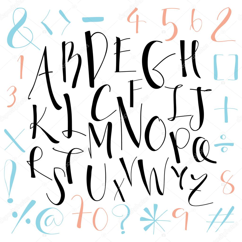 Black pink blue orange colorful ink alphabet letters.Hand drawn written