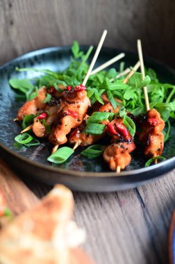 Siyah bir tabakta servis edilen Asya usulü tavuk şişleri susam ve biberle süslenmiş. Renkli yemek arkaplanı olan şiş ızgarada pişirilmiş etin yakından görüntüsü canlı ve iştah açıcı bir görünüm katıyor..