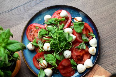 Bebek mozarella, olgun domatesler ve bitkilerle taze Caprese salatasının en iyi görüntüsü. Renkli ve canlı sunum, geleneksel İtalyan mutfağının içeriğinin tazeliğini ve basitliğini vurguluyor..