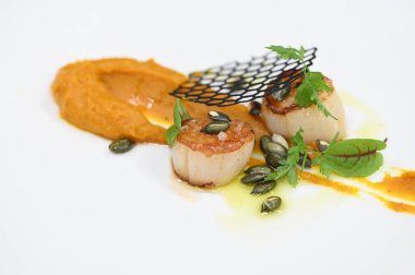 Kabak püresi, gurme aperatifi, bir restoranda beyaz tabakta servis edilen deniz tarakları, yakın çekim yemek fotoğrafçılığı, zarif bir yemek sunumu.,