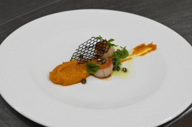 Kabak püresi, gurme aperatifi, bir restoranda beyaz tabakta servis edilen deniz tarakları, yakın çekim yemek fotoğrafçılığı, zarif bir yemek sunumu.,