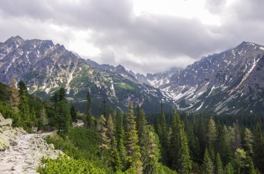 Rysy peak yakınındaki yüksek Tatra Dağları Vadisi'nde yürüyüş yolu ve