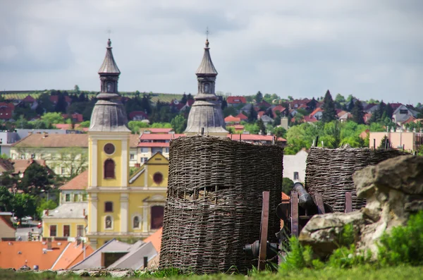 Canon en canastas de mimbre en la hierba. Fortaleza de Eger, Hungría — Foto de Stock