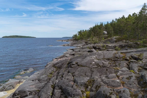 Ladoga 'lı Skerry. Great Ladoga Patikası 'ndaki Stony Gölü kıyısında. Leningrad bölgesi. Rusya.
