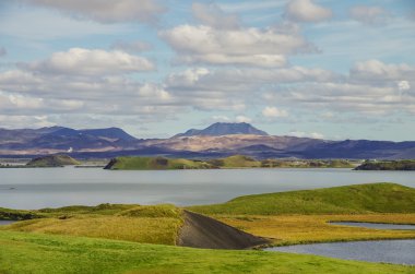 Pseudocraters ve valcano Dağı. Lake Myvatn, İzlanda manzara yaz