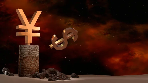 Gilded Japanese yen has dropped the dollar sign from the pedestal and stands on an old pedestal surrounded by rusty symbols of other currencies against the background of a red sky with clouds. Yen strengthening concept. Finance. 3D