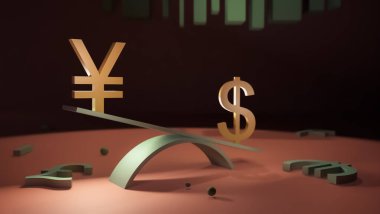 Yen ve dolar sembolleri soyut bir diyagramın arka planında salıncakta duruyor. 3 boyutlu görüntüleme. Finans konsepti, döviz kurları, Forex