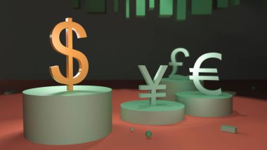 Yaldızlı dolar sembolü diğer para birimlerinin arka planına karşı bir kaide üzerinde duruyor. 3 boyutlu görüntüleme. Finans konsepti, döviz kurları, Forex
